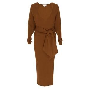 NWT GOOD AMERICAN Belted Rib-Knit Midi Dress In Sepia/Brwn